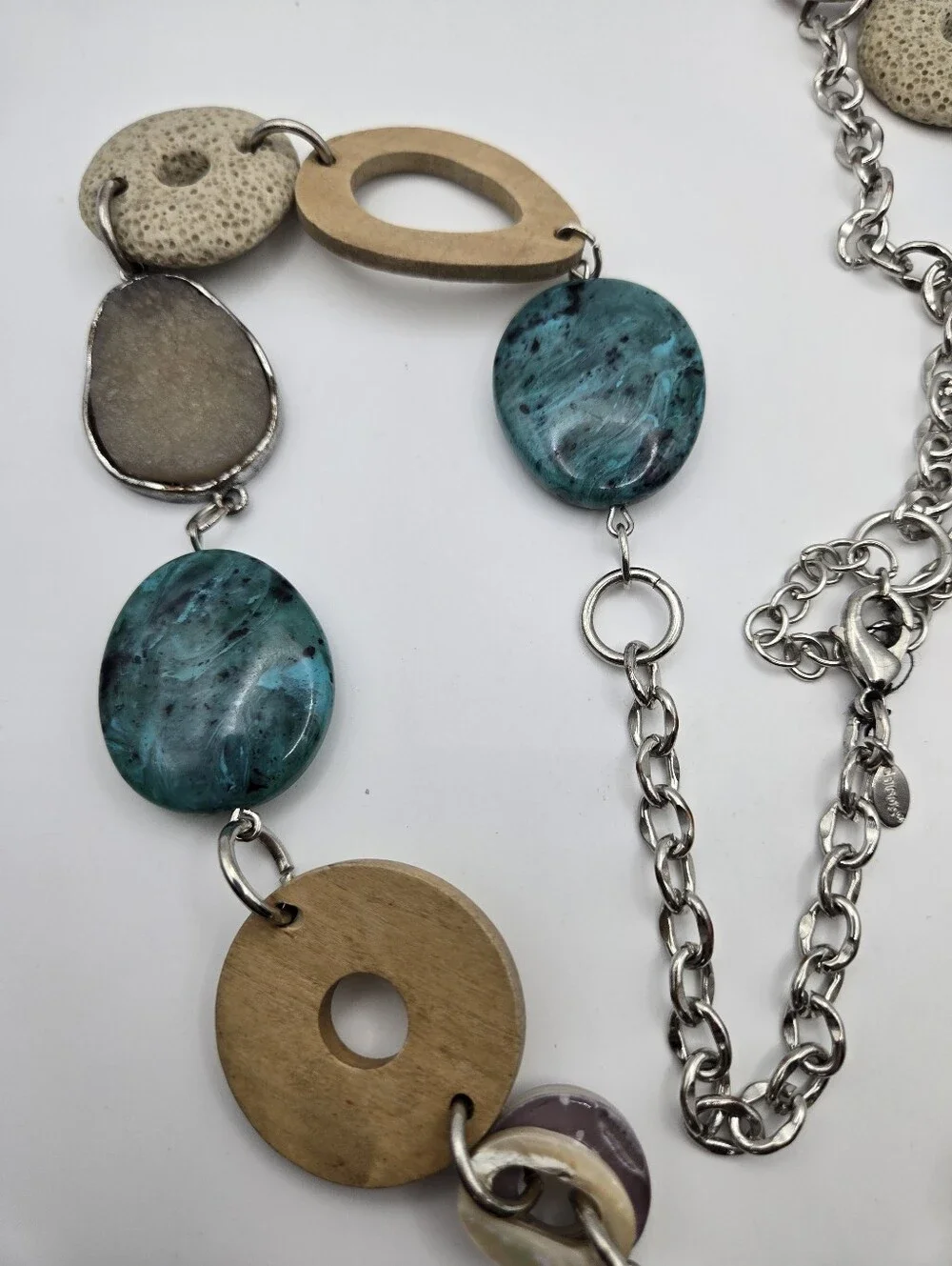 Chico's Teal Wood Silver Mixed Media Necklace Druzy Labradorite Turquoise READ
